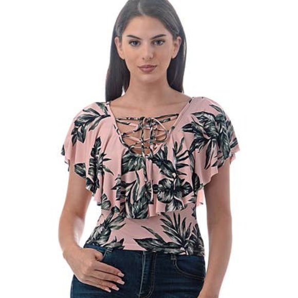 Blush Ruffle Palm Print Laced Top - Picture 2 of 4